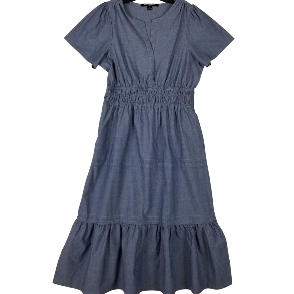 French Connection Chambray Smocked Waist Tiered Midi Dress Blue Cotton FQP003 L